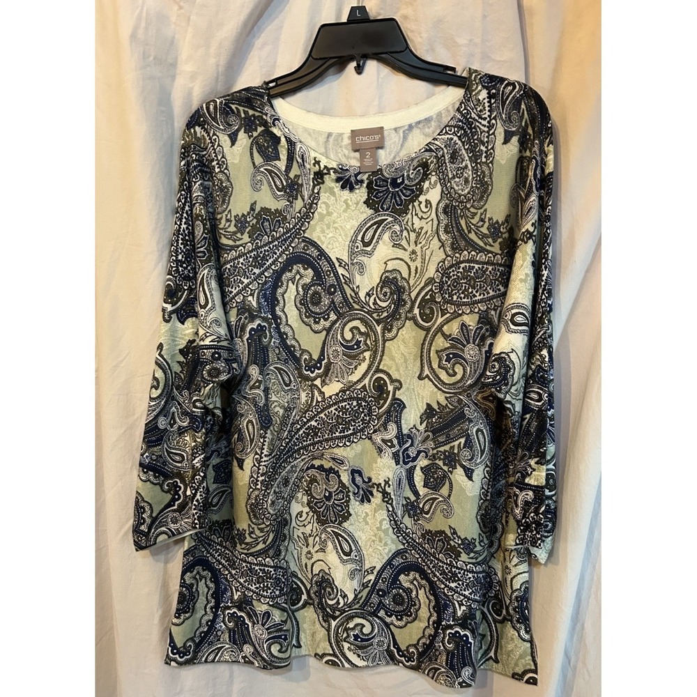 Chicos Women's Sz 2 (L) Cashmere Blend Sweater Navy Green White Paisley
